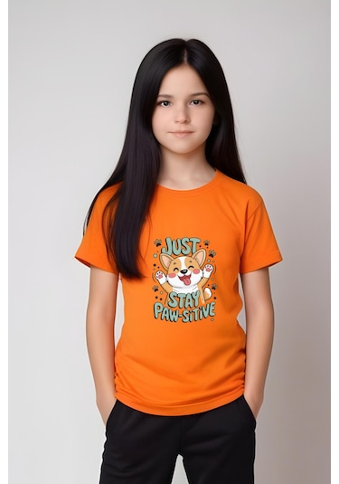 Just Stay Paw Baskılı Kız Çocuk Tişört Ve Eşofman Alt-üst Takım Turuncu