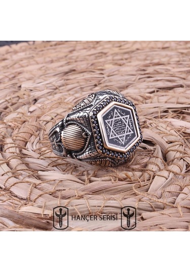 İpek Silver 925 Ayar Gümüş Sıkma Kehribar Taşlı Mühr-i Süleyman Desenli Erkek Yüzük Gümüş