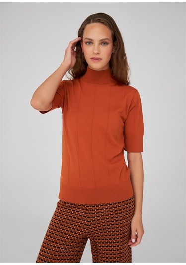 Peraluna Balıkçı Yaka Kısa Kollu İnce Basic Kadın Triko Bluz-Turuncu