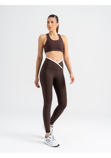 Çapraz Beli Beyaz Biye Detaylı Spor Tayt Kahverengi