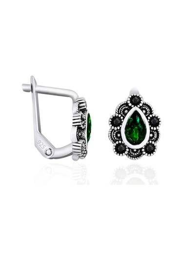 Kadın Gümüş Küpe Kök Zümrüt Taşlı Markazit Küpe 925 Ayar St087