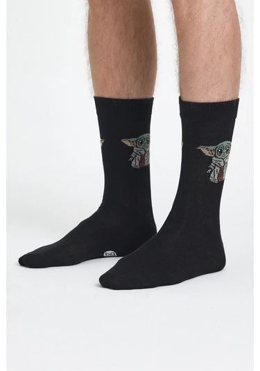 Erkek Pamuklu Özel Desenli Dikişsiz Yumuşak Dokulu Terletmez Rahat Esnek Soket Çorap Siyah-yoda