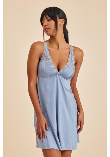 Paris Gri Mavi Dantelli Kumaş Gecelik Mavi