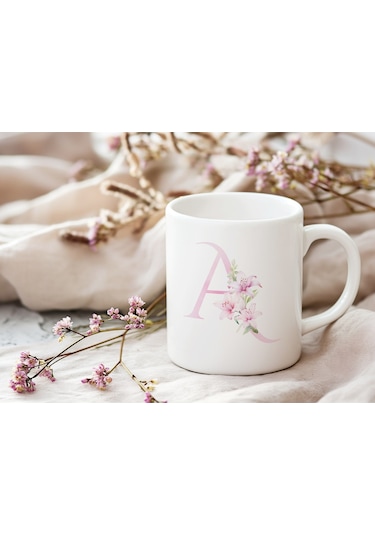 A Harfi Pembe Çiçek Desenli Kupa Bardak - Zarif Pembe Çiçek Tasarım Kahve Çay Kupası - Hediye Beyaz
