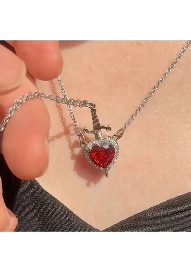 Gümüş Renk Kırmızı Taş Kalp Çift Kolyesi Çelik Kolye - 3410 Gümüş