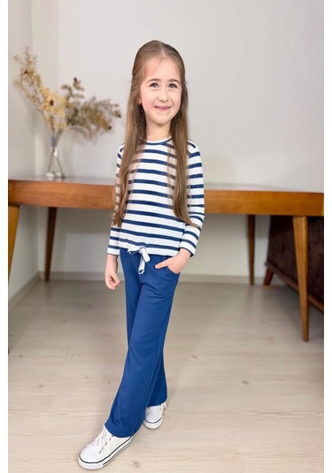 Çizgili Kız Çocuk Bol Paça Mevsimlik Mavi Renk Takım Mavi