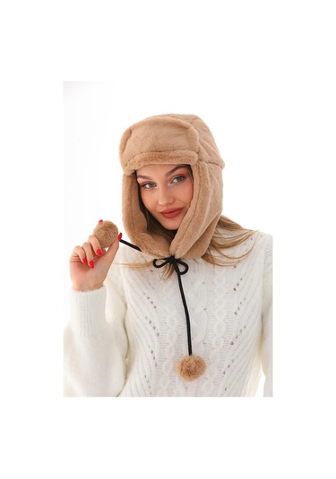 Kadın Sütlu Kahve Kürklü Kulaklıklı Peluş Şapka Sütlü Kahverengi