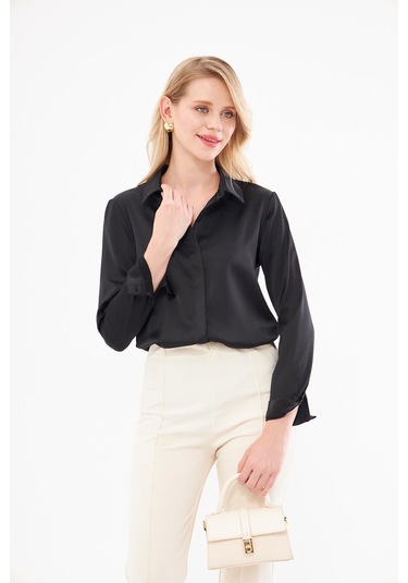 Klasik Saten Gömlek Siyah Siyah