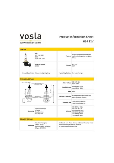 Vosla 12v 9006 Hb4 Ampul 51w P22d Vs28006 2 Li
