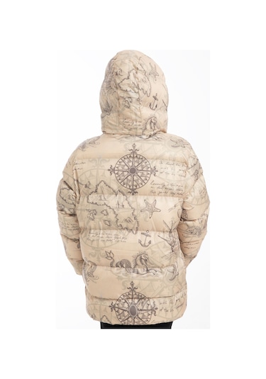 Freemen Kız Çocuk Bej Pusula Desen Polar Su Ve Rüzgar Geçirmez Kapüşonlu Şişme Kışlık Mont Bej