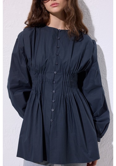 Beli Pile Detaylı Uzun Kol Bluz Lacivert Lacivert