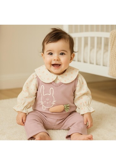 Albania Havuç Detaylı Müslin Gömlekdetaylı Omuzdan Çıtçıtlı 3 Lütakım Pembe