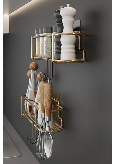 Bino Baharatlık 2 Li Set Gold Metal Mutfak Rafı Banyo Rafı Yapışkanlı Kancalı Tuzluk Askılık Çok Renkli