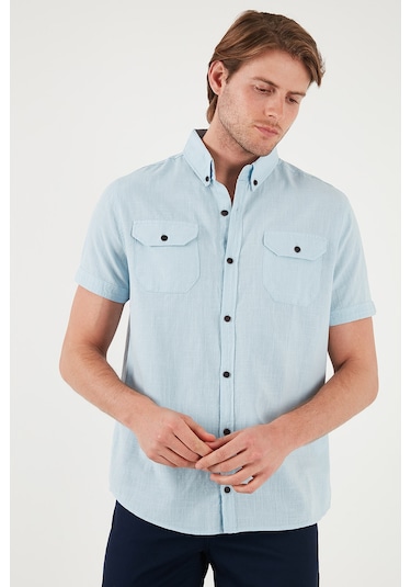 Buratti Düğmeli Yaka Pamuklu Slim Fit Cepli Erkek Gömlek Cf21S111153 Açık Mavi