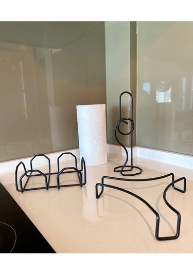 Servis Sunum Seti, Rota Kağıt Havluluk, Kare Peçetelik, Üçgen Nihale, Üçlü Set, Paslanmaz Çelik Tel Siyah