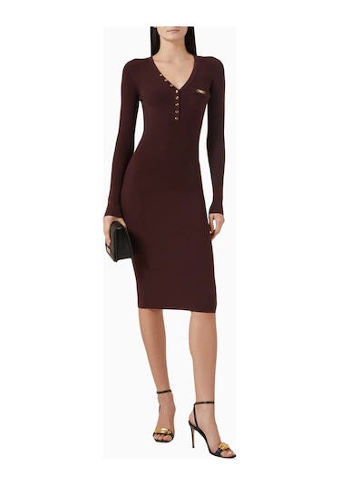 Elisabetta Franchi Ribbed Midi Triko Elbise, Lüks Günlük Şıklık Bordo