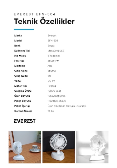 Everest EFN-504 Taşınabilir Masaüstü USB Fan