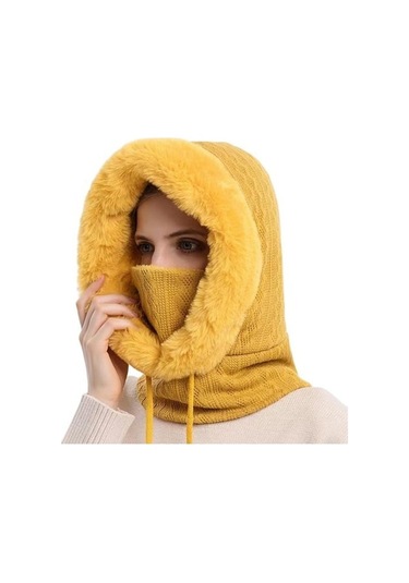 Novahub Kadın Kış Şapka Entegre Atkı Kalın Sıcak Sahte Kürk Örme Rüzgar Geçirmez Yüksek Sarı Sarı