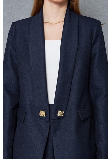 Kare Düğmeli Yünefekt Takım Lacivert Düz Lacivert