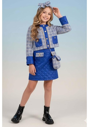 Riccotarz Kız Çocuk Kapitone Ve Altın Şerit Detaylı Şanel Mavi Etekli Takım Mavi