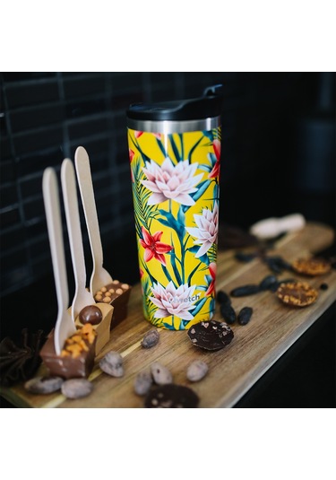 Qwetch QM6015 Tropik Çiçek Desenli Isı Yalıtımlı 470 ML Termos Mug- Sarı