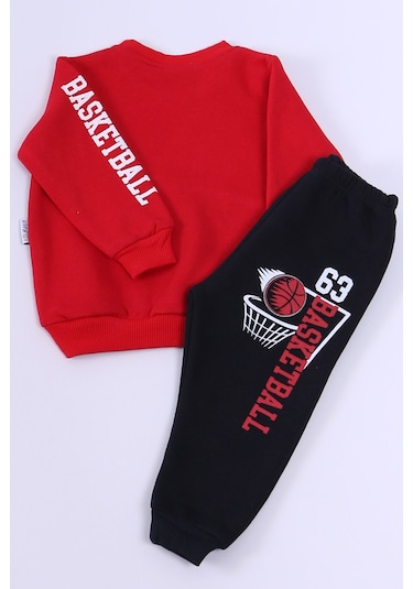 Erkek Bebek 3 İplik Eşofman Takımı Basketbol Baskılı A45 Kırmızı