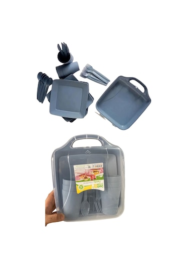 Toptanfoni 32 Parça 6 Kişilik Çantalı Piknik Seti Mavi Mavi