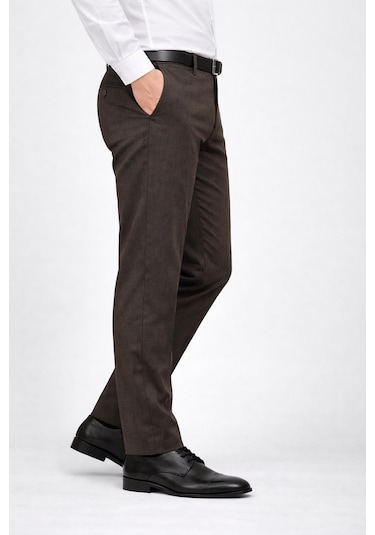 Classics Men Caserta Klasik Fit Likralı Erkek Kanvas Pantolon - 7517 Kahverengi