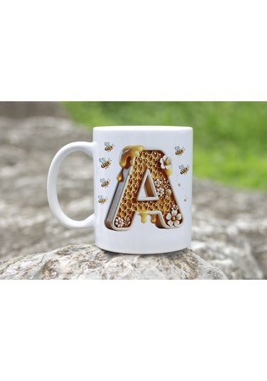 A Harfi Bal Arısı Tasarım Kupa Bardak - Bal Ve Petek Desenli Kişiye Özel Kahve Kupası - Hediyelik Beyaz