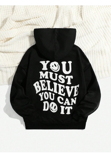 You Must Believe Sweatshirt - Siyah Baskılı Oversize Kapüşonlu Siyah