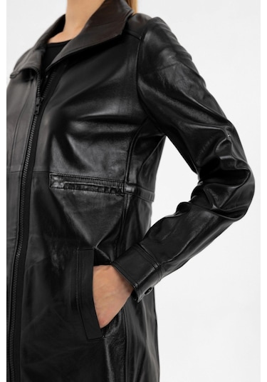 Siyah Hena Fermuarlı Geniş Kesim Uzun Kadın Hakiki Deri Kaban-siyah Siyah