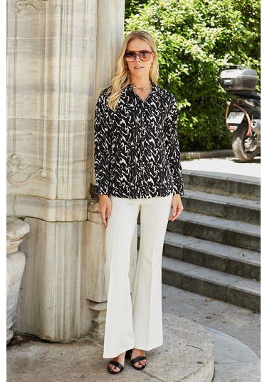 Kadın Likrasız Viskon Vual Desenli Yakalı Düşük Omuzlu Uzun Kol Şık Gömlek-Siyah Desen Siyah Dsn.