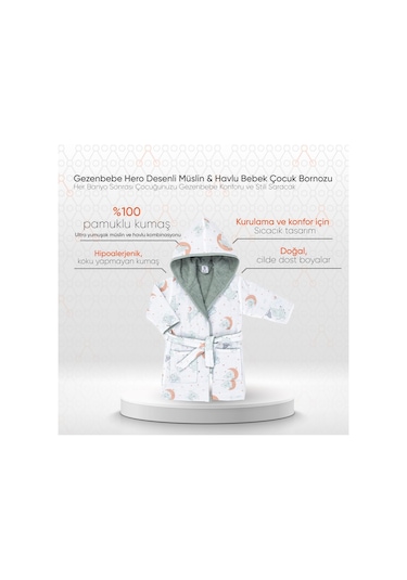 Gezenbebe Hero Desenli Müslin Ve Havlu Bebek Çocuk Bornozu Elephant