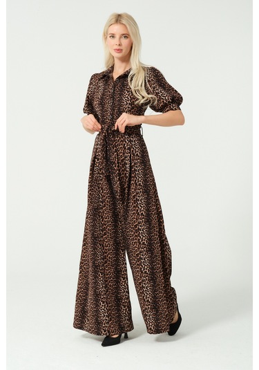 Balon Kol Bağcık Detaylı Tulum Leopar Desen Leopar