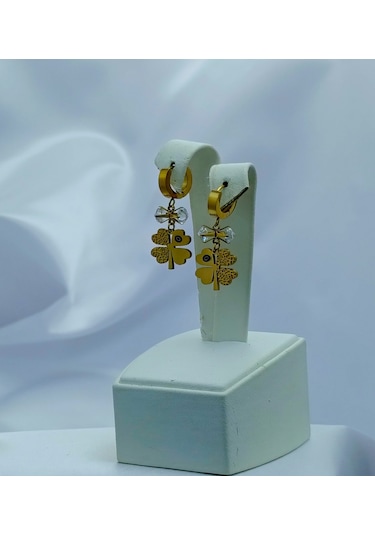 Yeni Sezon Paslanmaz Çelik Nazarlı Yonca Altın Kaplama Küpe Gold