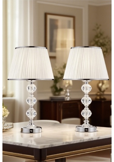 2 Adet Cam Taş Serisi Masa Abajuru-gece Lambası - Dekor Aydınlatma Krom