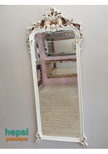 Vintage Madam Model Eskitme Beyaz Renk Varaklı Boy Aynası Beyaz