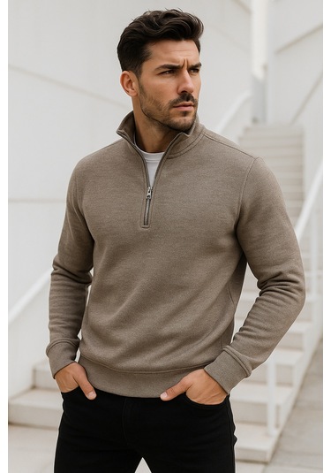 Rich Erkek Bej Yarım Fermuarlı Sweatshirt Bej