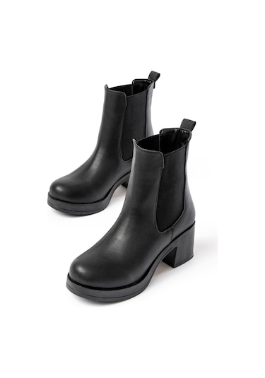 5109-3056 Siyah Lastikli Kalın Topuklu Günlük Kadın Bot Siyah