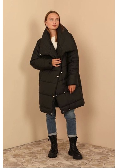 Kapitone Kumaş Şal Yaka Bol Kalıp Yaka Detay Çıtçıtlı Kadın Mont-siyah Çok Renkli