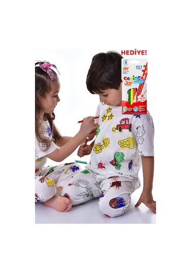 Zuzunga En Sevimli Figürleri Özel Kalemi İle Boyanabilir Çocuk Pijama Takımı Yıkama Sonrası Leke Bırakmaz Beyaz