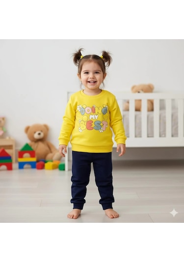 Kız Bebek Baskılı Çıt Çıtlı Alt Üst İkili Gündelik Takım 6-18 Ay Sari