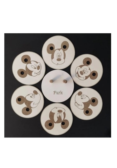 Ahşap Figürlü 6'lı Bardak Altlığı Lazer Kazıma 3mm - Mickey Mouse Ahşap - Beyaz