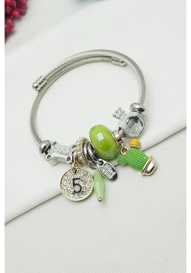 Caisya Kaktüs Charmlı Tektaş Çelik Bileklik Yeşil Gümüş