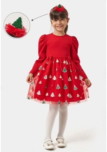 Kız Çocuk Kollu Balon Eteği Tüllü Yıllbaşı Elbisesi Nbk-24921 Kırmızı