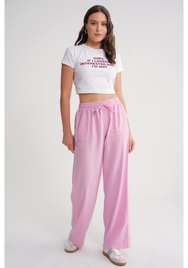 4629 Kadın Bol Paça Yüksek Bel Viskon Palazzo Pantolon Pembe Pembe
