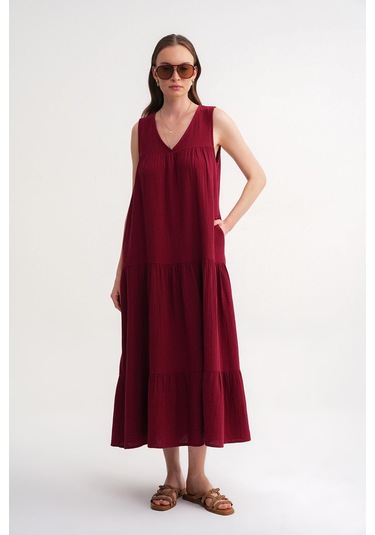 Mixray 4673 Kadın Büzgü Detaylı Müslin Elbise Bordo Bordo