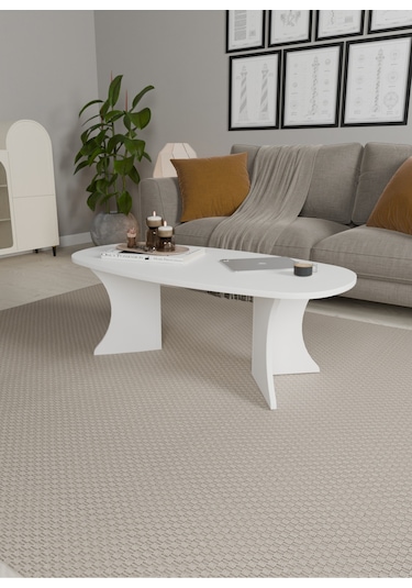 Oval Orta Sehpa Geniş Yüzeyli, Stabil Ayaklı Modern Salon Sehpası Beyaz