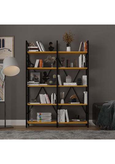 6 Raflı Metal Kitaplık İki Modül-metalk02-afrika Ceviz