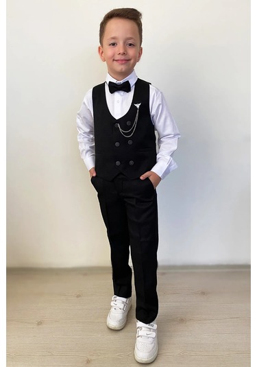Erkek Çocuk Takım Elbise Papyonlu Yelekli Takım Elbise Siyah